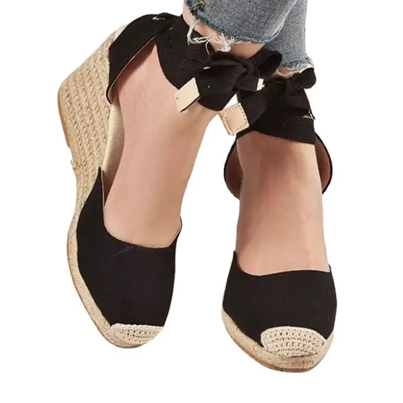 Yyvonne Summer New Large-Size Slopes And Women's Sandals Thick-Soled Buns Heel Heel Heel Tie Cloth Hemp Rope Sandals Women