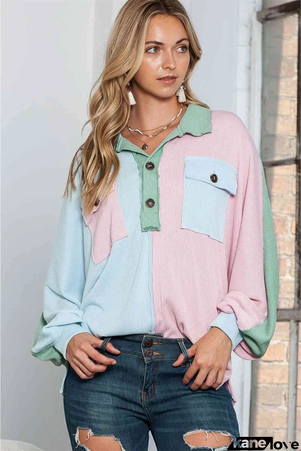 Multicolor Buttoned Long Sleeve Blouse