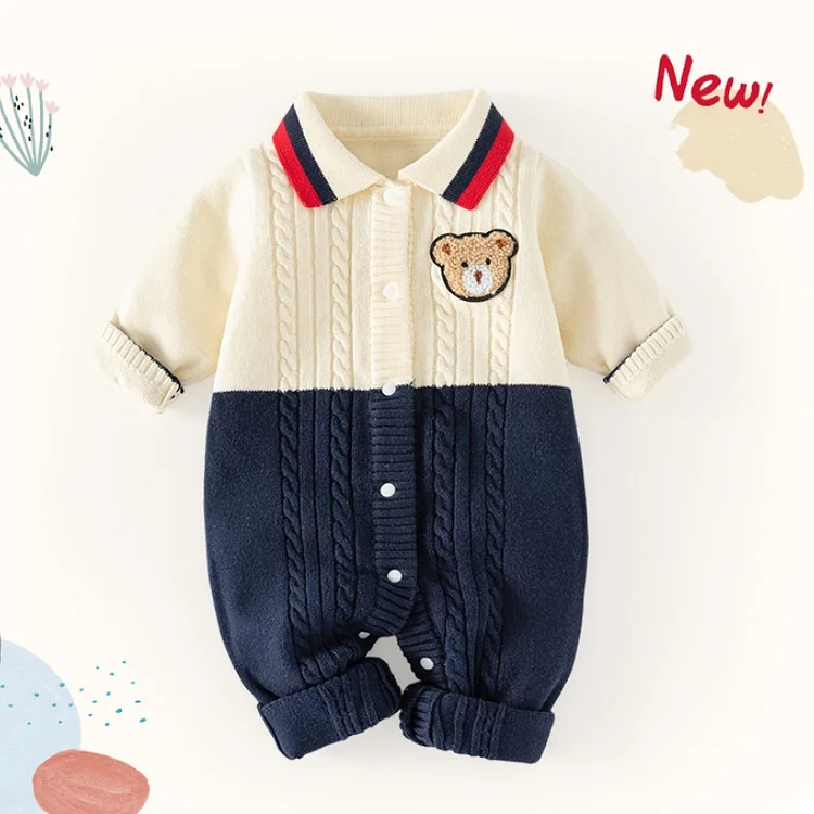 Baby Boy/Girl Polo Collar Bear Suspender Long Sleeve Knitted Romper