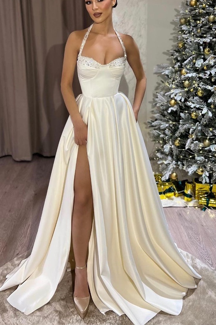 Charming Prom Dress Halter Sleeveless Floor Length With High Slit Risias