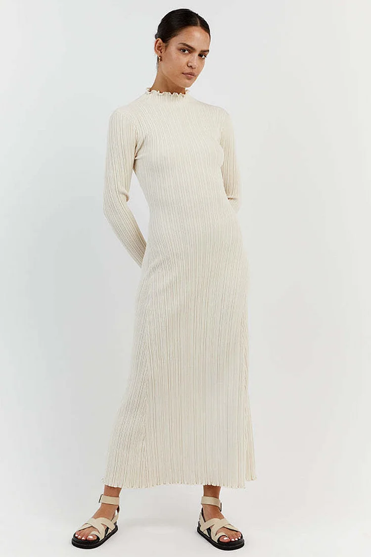 Pleated Knit Ruffled Mock Neck Long Sleeve Slim Fit Maxi Dresses - Green