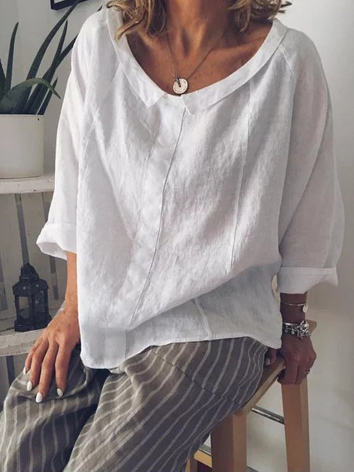 Women's Solid Color Round Neck Pullover Cotton Linen Short Sleeve Pants Set