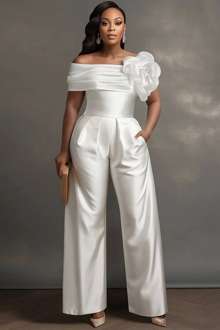 Xpluswear Design Plus Size Formal White Elegant Off The Shoulder 3D Pocket Satin Jumpsuits [Pre-Order] 2024 - Xpluswear