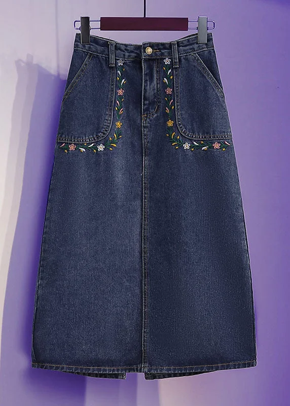Loose Blue Embroideried Pockets Patchwork Denim Skirt Summer