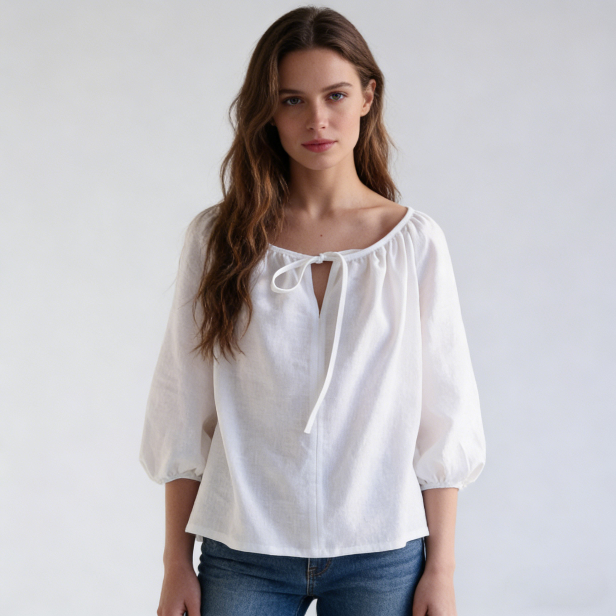 Linen Blouse Women 100% Linen Balloon Sleeve Tie Neck Casual Top REAL SILK LIFE