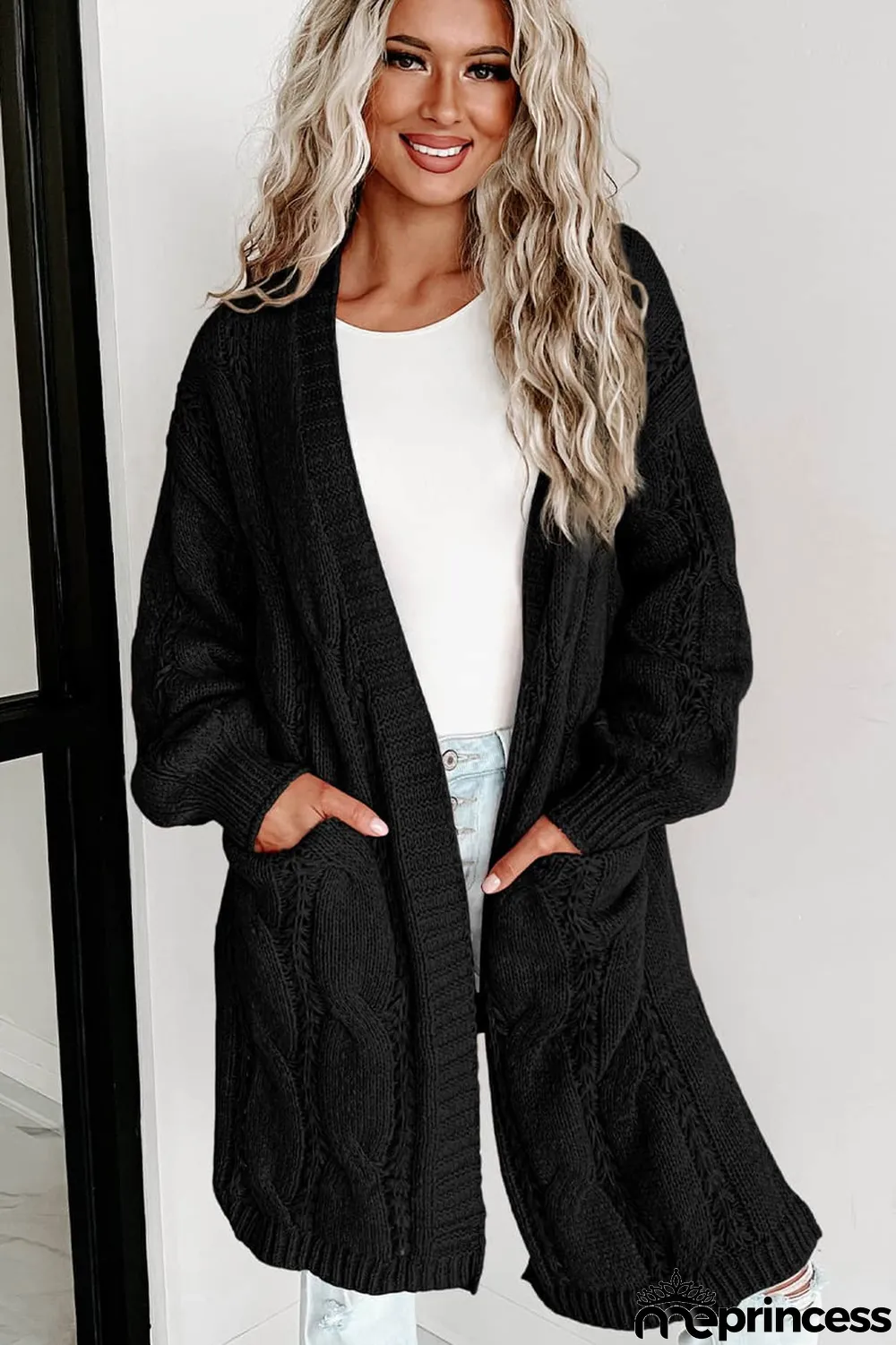 Black Ribbed Trim Eyelet Cable Knit Cardigan