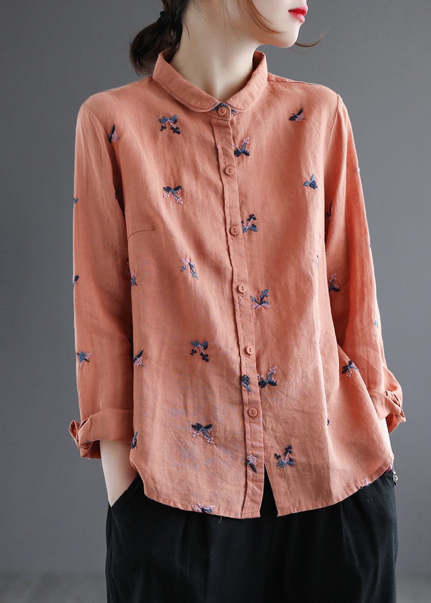 DIY Orange Embroideried Loose Linen Shirts Spring CK1286- Fabulory