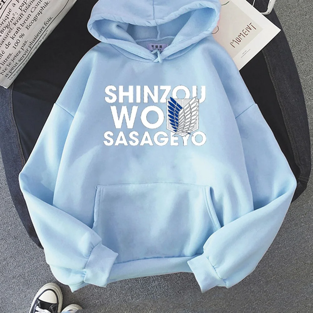 Attack on Titan Hoodies Harajuku Hoodies Womens Men Hip Hop  SHINZOU WO SASAGEYO Print Sweatshirt Hip Hop Unisex Streetwear
