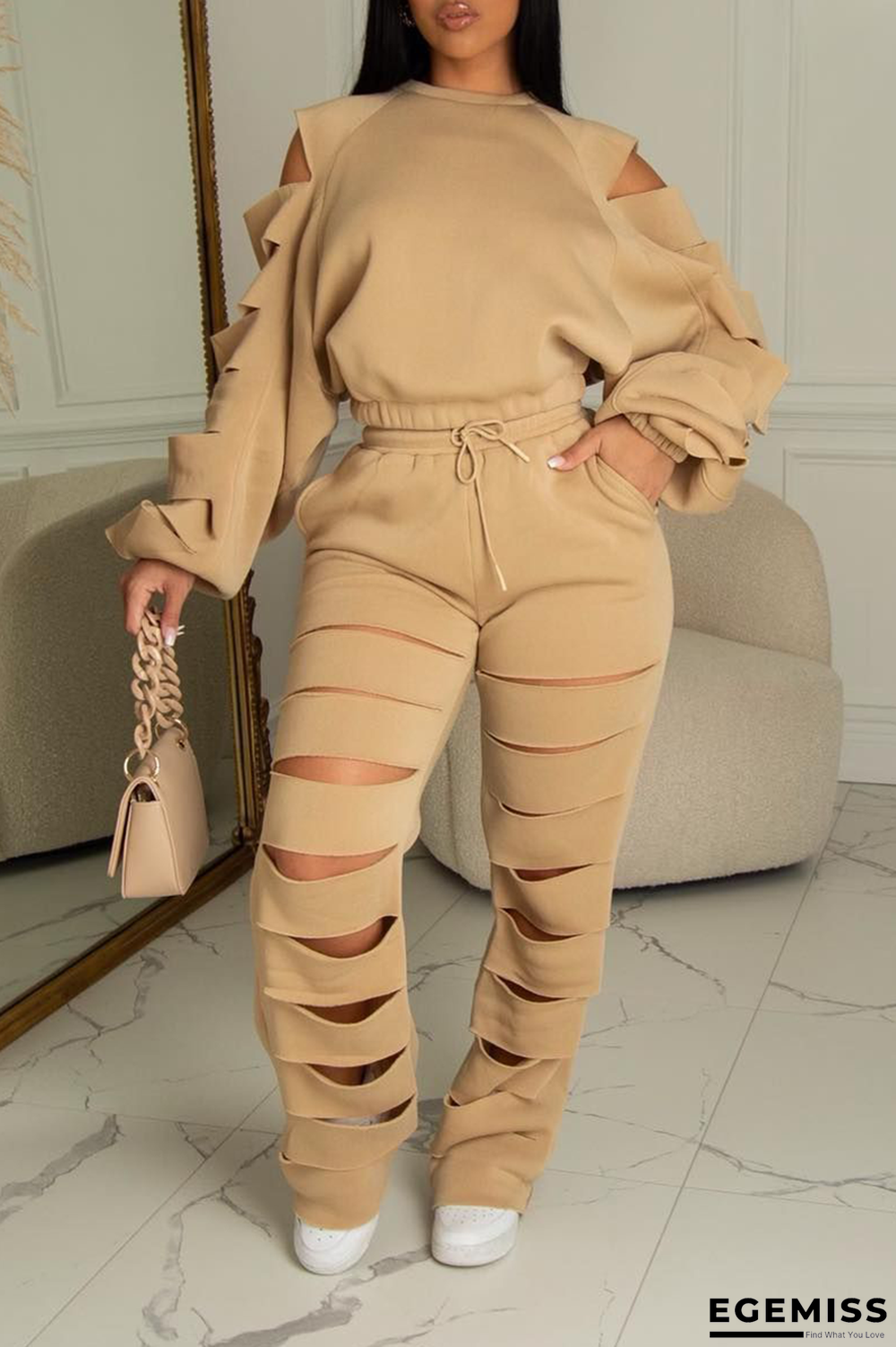 Khaki Casual Solid Hollowed Out O Neck Long Sleeve Two Pieces | EGEMISS