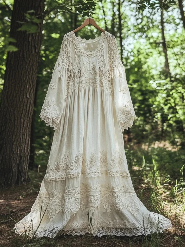 Utbros Vintage Floral Embroidered Lace Hem Linen Flowy Maxi Dress