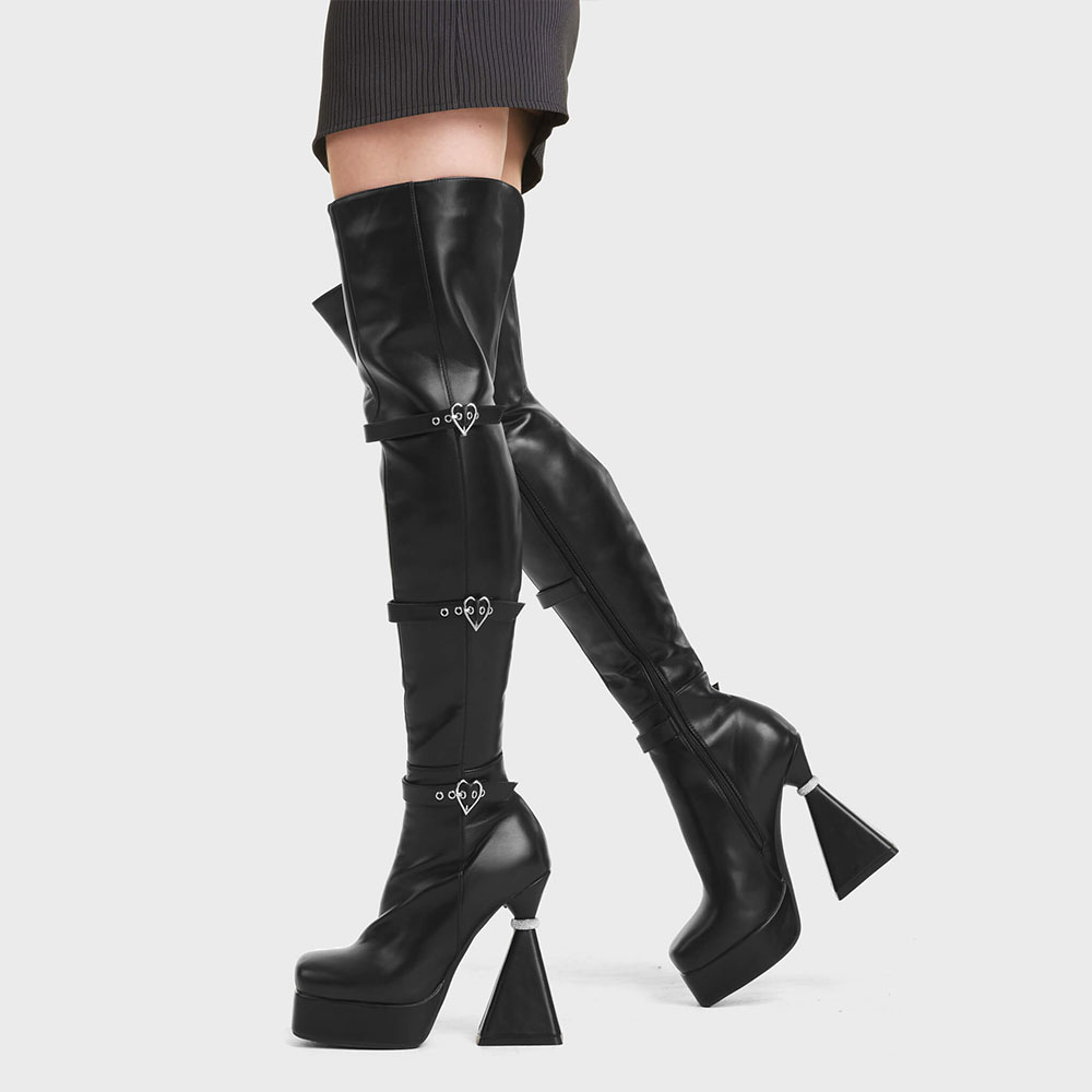 Black Heart Buckle Sculptural Heel Thigh High Boots with Platform Nicepairs