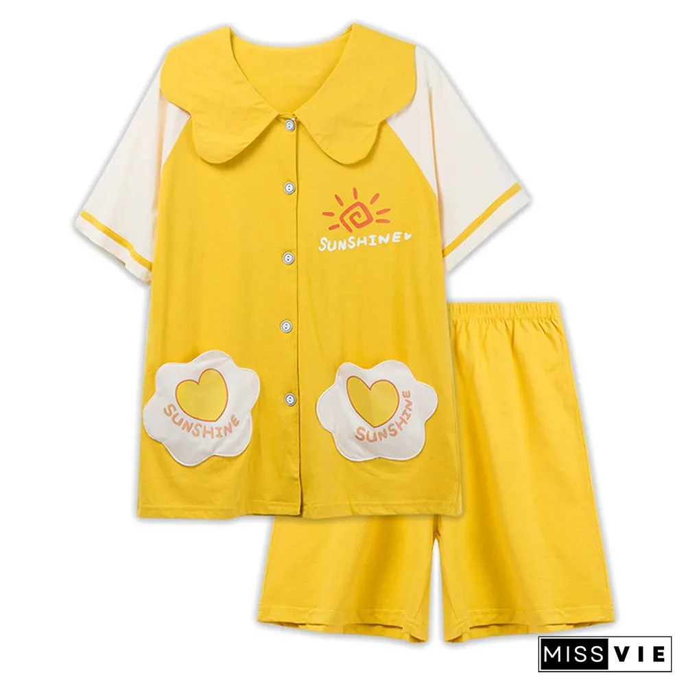 Cartoon Animal Fruit Print Cotton Pocket Pajamas Set