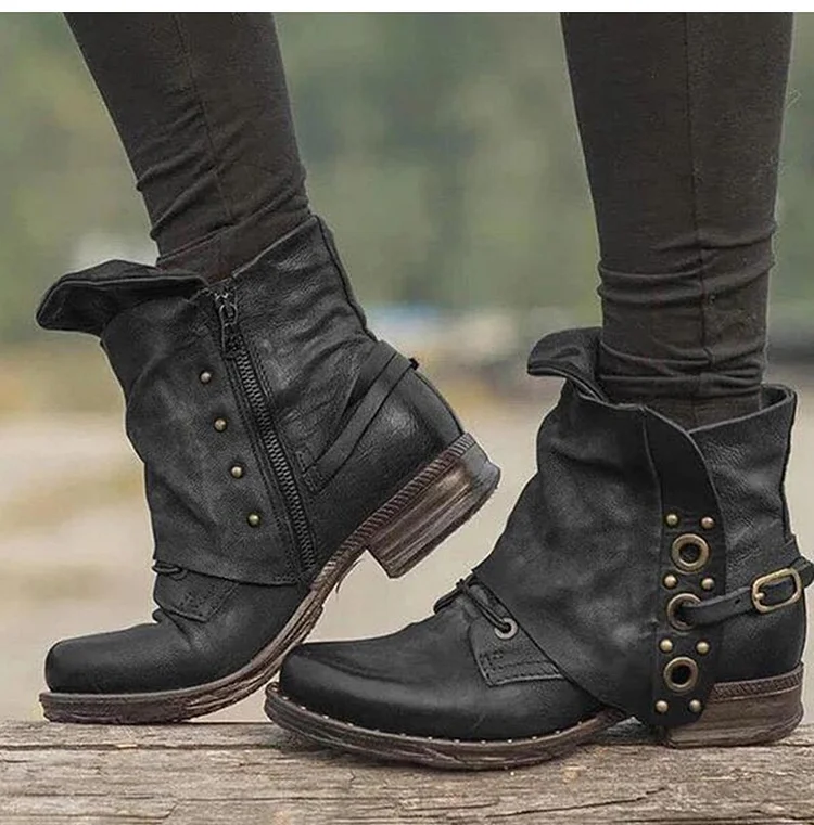 Leather Ankle Boots Buckles Thick Heel Black Ankle Boots Women  Stunahome.com
