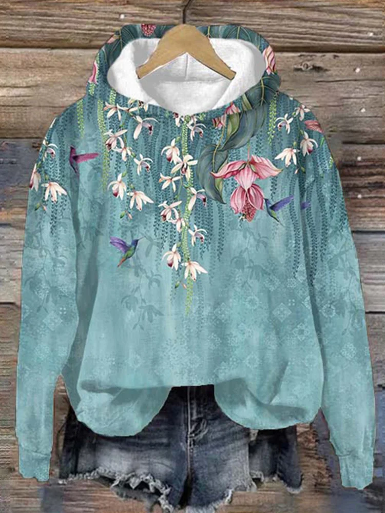 Floral embroidered long fashion sleeve casual hoodie