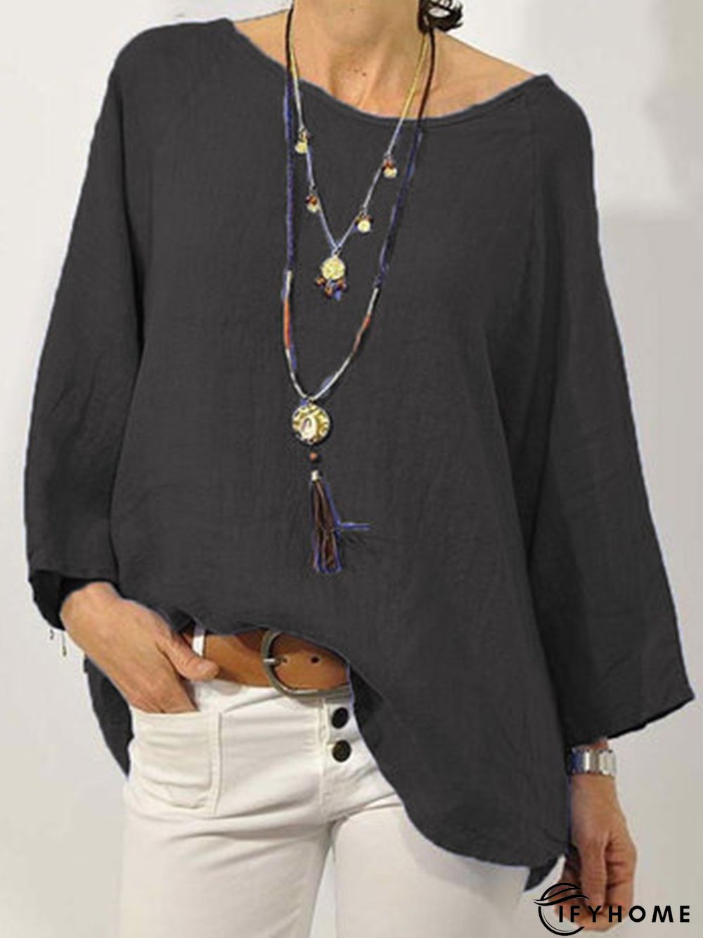 Women Solid Long Sleeve Linen Daily Casual Top | IFYHOME