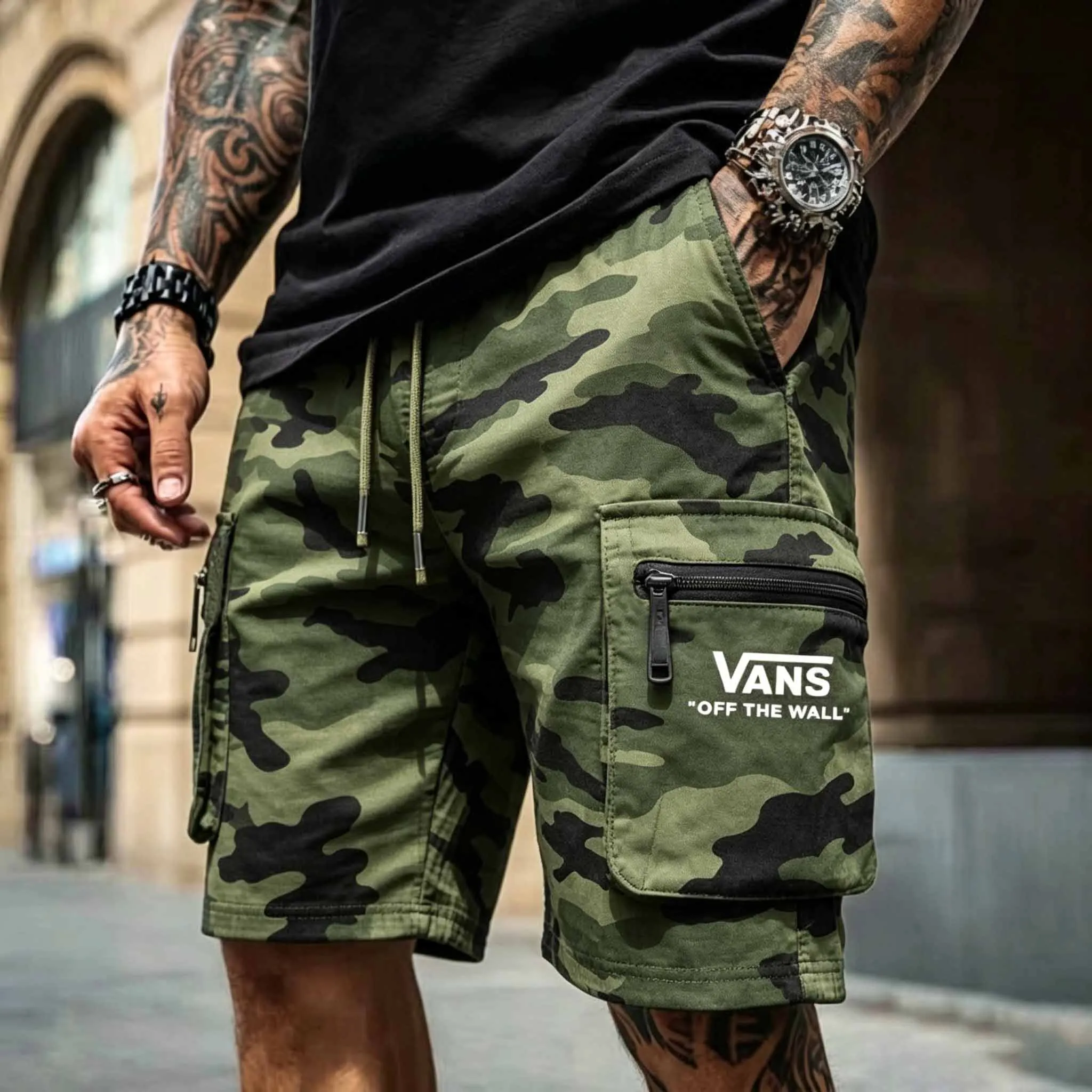 Men's Vintage Camouflage Surfing Zipper Pockets Elastic Waist Cargo Shorts