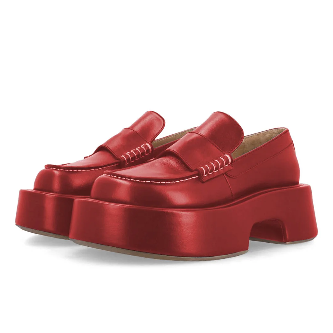 Simple Red Vegan Leather Round Toe Platform Loafers Women