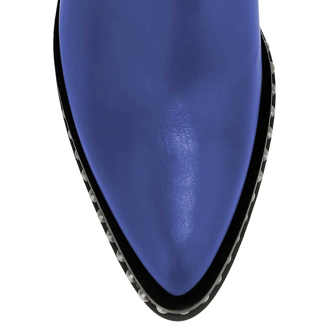 Blue Chunky Heel Studded Buckle Strap Pointed Toe Booties for Women