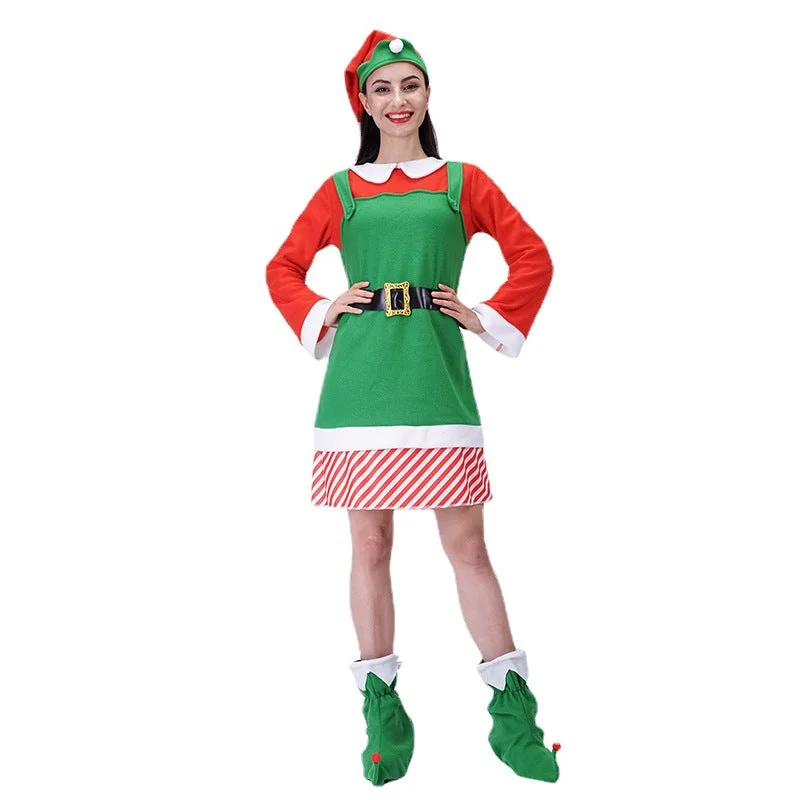 Womens Holiday Elf Costume Dress Elf Cosplay Suit with Hat Belt Shoes Cover - vzzhome
