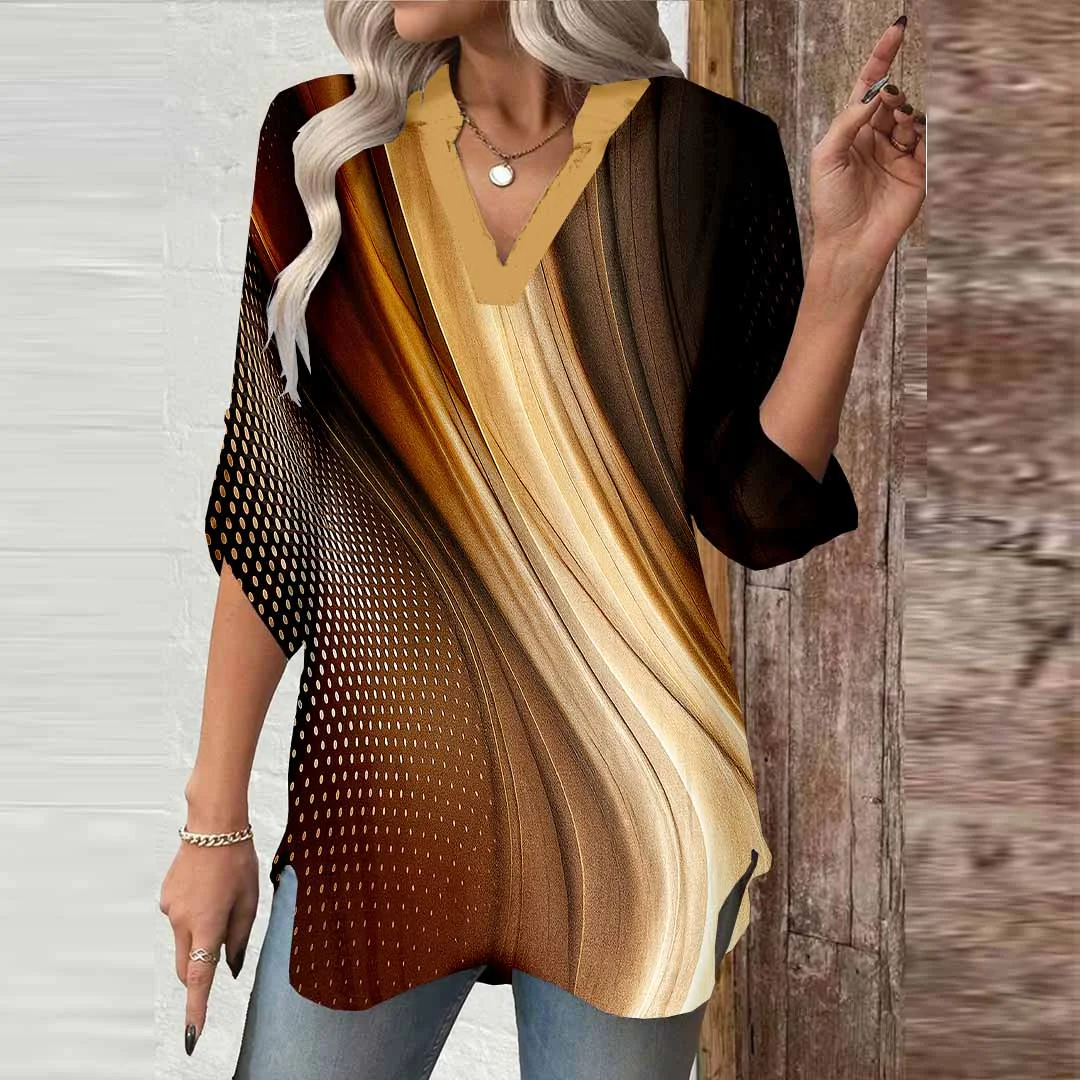 Women Texture, Brown, Gold DZGA0707 3/4 Sleeve V-neck Printed Graphic Button Tops