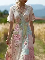 Bohemian Retro Countryside Style Plant Flower Design Women's Linen Dress