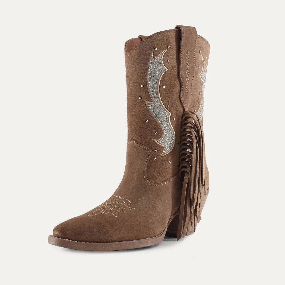Brown Rhinestone Stacked Heel Fringe Western Boots for Women