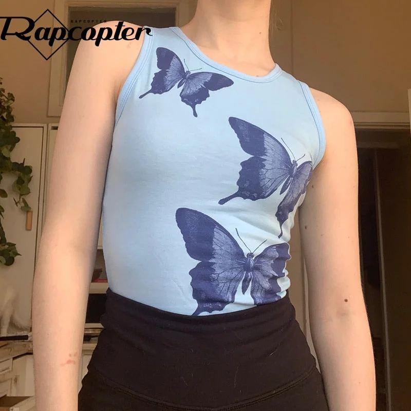 Rapcopter Butterfly y2k Printed Tank Tops Vintage Corset Top Sleeveless O Neck Crop Top Women Summer Skinny Camis 90s Harajuku