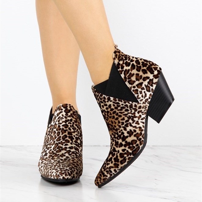 Brown Leopard Print Fashion Boots Chunky Heel Ankle Booties |FSJ Shoes