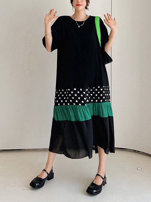 Polka Dot Patchwork Short Sleeve Maxi Dress