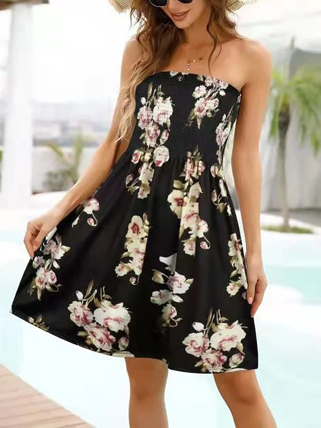 Women's Beach Dress Resort Wear Beach Wear Mini Dress Backless Cold Shoulder Basic Fashion Floral Strapless Sleeveless Slim Outdoor Daily Black And White Blue and White 2023 Spring Summer S M L XL | IFYHOME