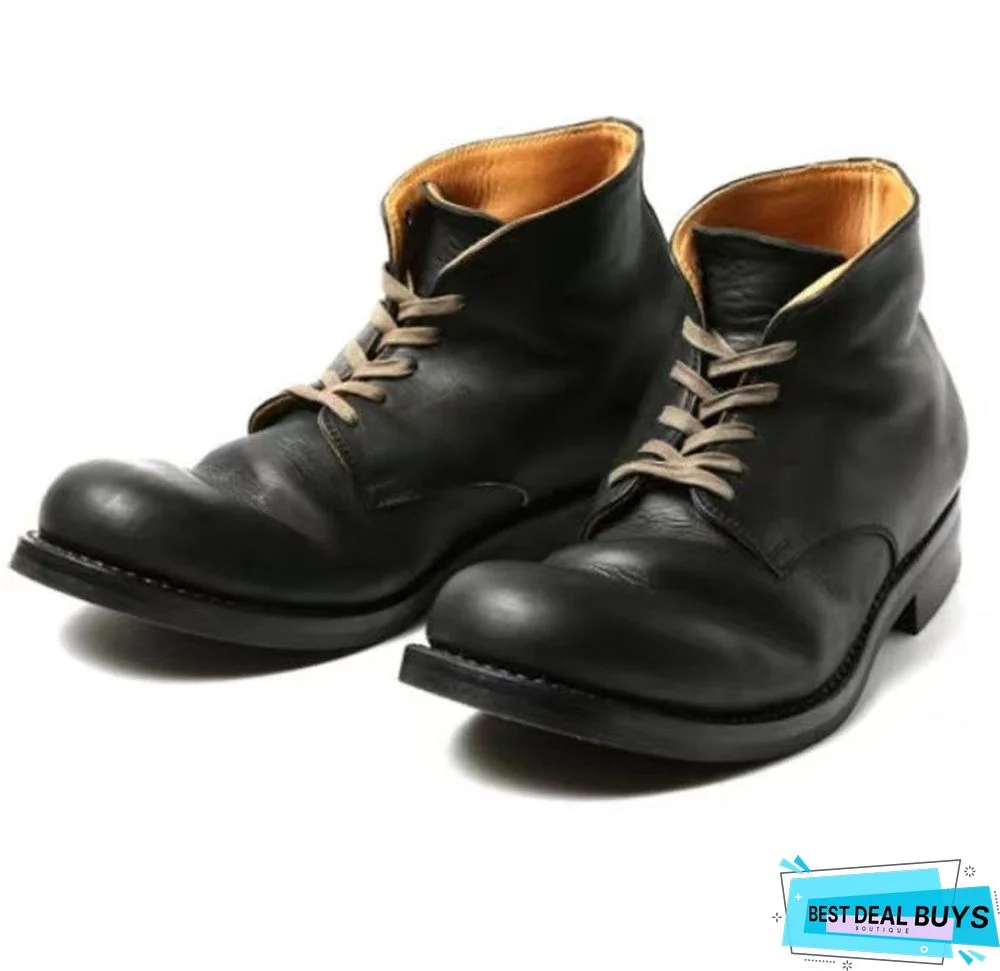 Men Casual Shoes High-Top Ankle Riding Boots Vintage Genuine Leather Sneakers Black Lace Up Work Boots