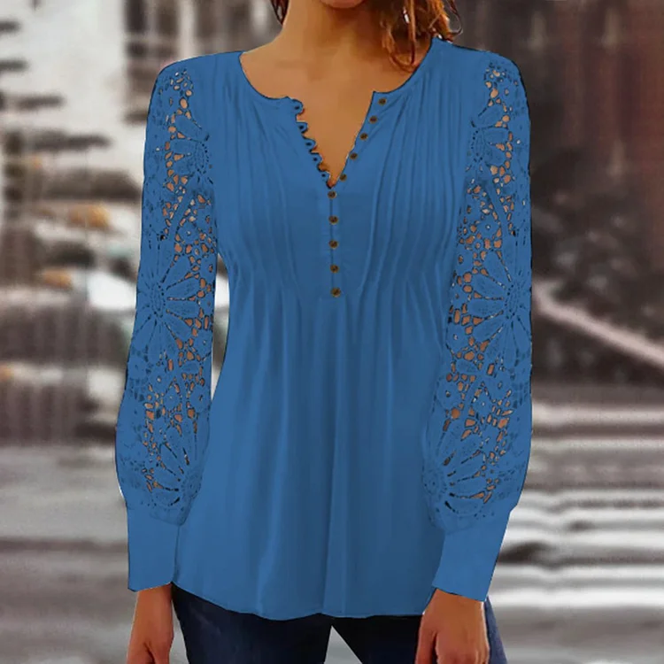 Women's Casual Lace Long Sleeve V-neck Slim T-shirt