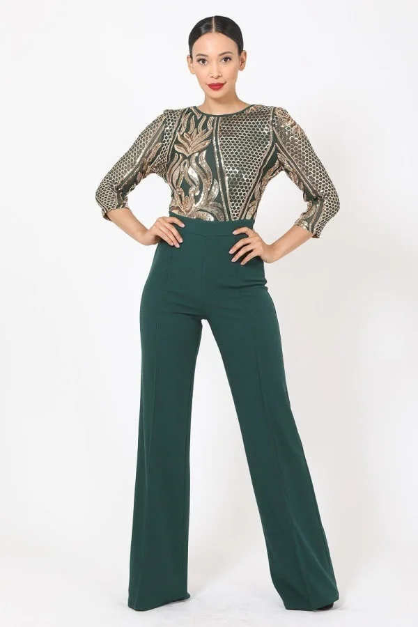 Open Back Gold Sequin Pattern Jumpsuit - Hunter Green