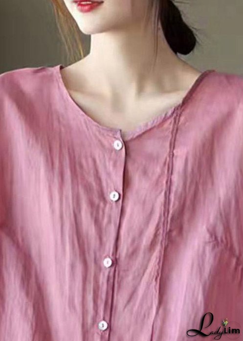 Casual Pink O-Neck Embroideried Linen Tops Three Quarter sleeve