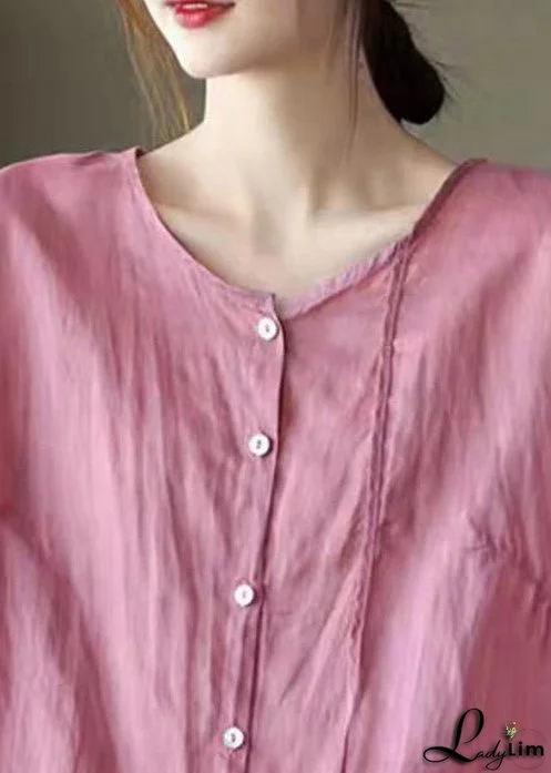 Casual Pink O-Neck Embroideried Linen Tops Three Quarter sleeve