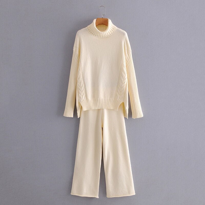 Autumn and winter women's suit casual solid color high neck long sleeve loose sweater + knitted wide leg pants suit