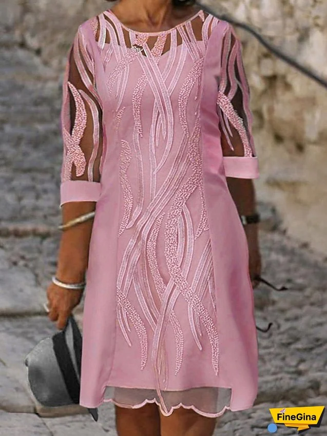 Plus Size Curve Casual Dress Shift Dress Solid Color Round Neck Lace 3/4 Length Sleeve Fall Spring Dress Work Casual Daily Midi Dress for Women