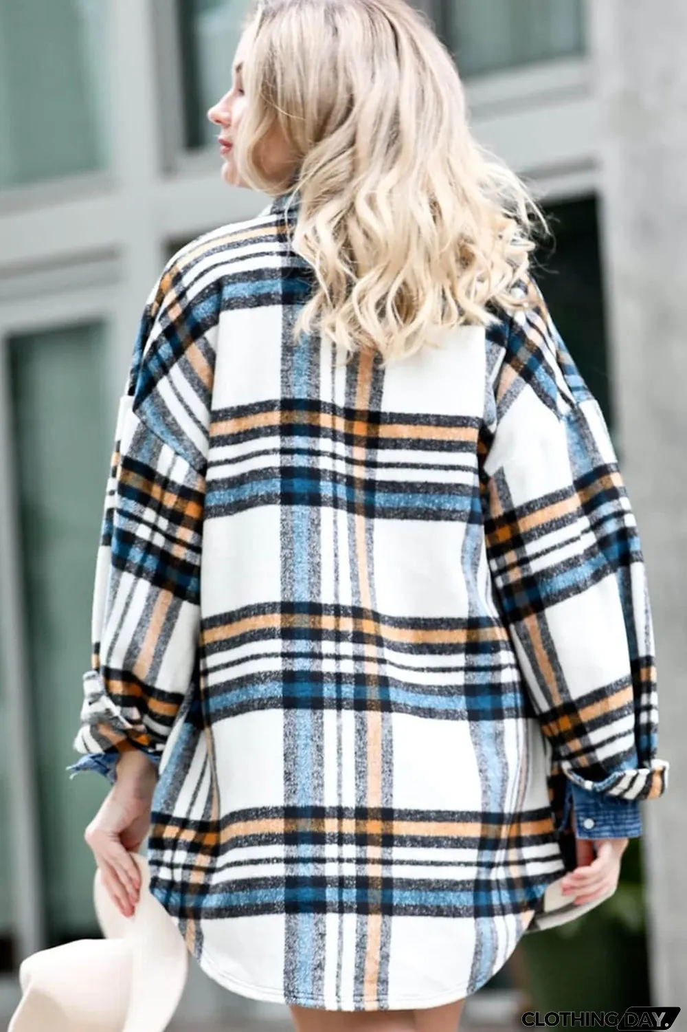 White Plaid Pattern Drop Shoulder Flannel Shacket