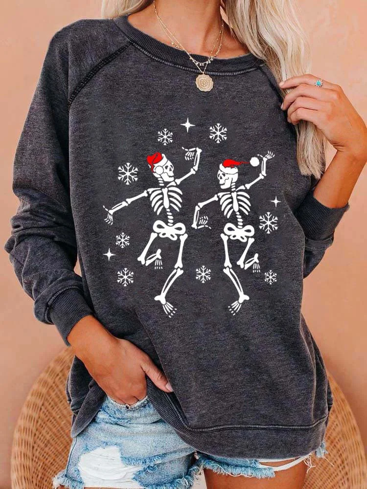 Women's Christmas Dancing Skeleton Print Casual Sweatshirt