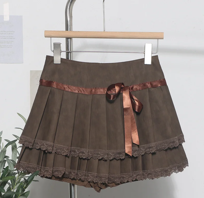 Brownm Vintage College Wind Bow Lace 100-Fold Short Skirt High Waist Anti-Walking Pu Skin Skirt 8207