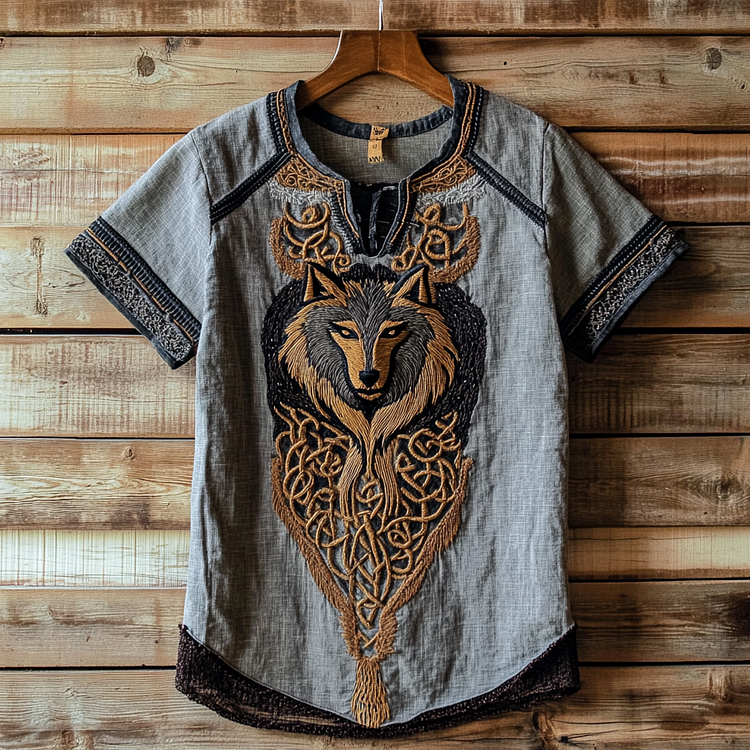 Mens Vintage Viking Wolf Celtic Linen Shirt