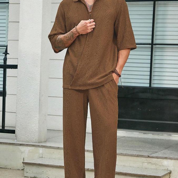 Mature Men Commuter Suits Summer Short-sleeved Top And Loose Straight Trousers Casual Outfits Outdoor