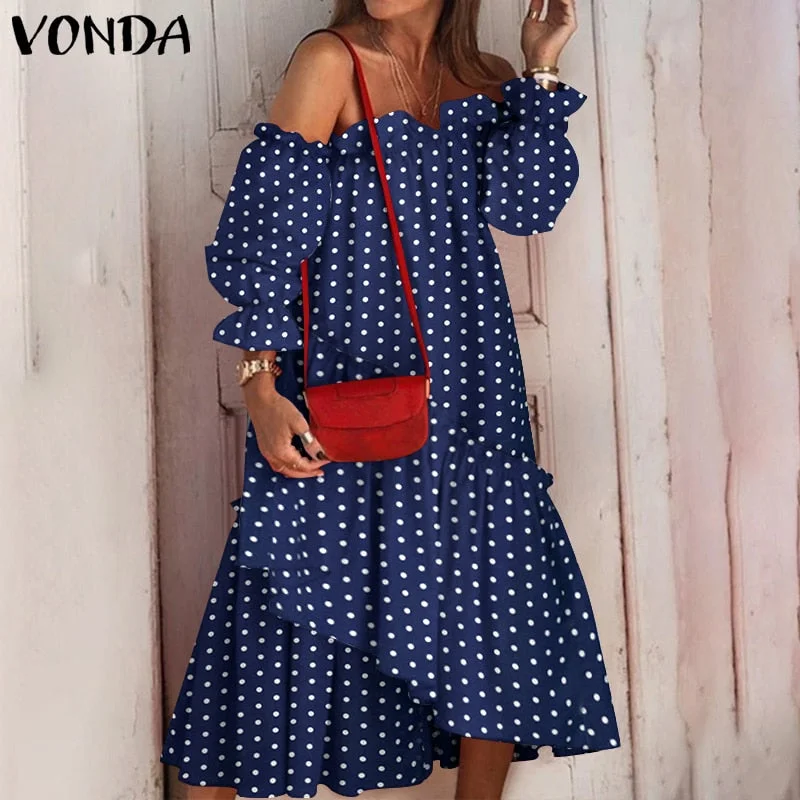 2022 VONDA Summer Sexy Off Shoulder Dress Women Long Sleeve Irregular Hem Lace Pleated Midi Sundress Bohemian Party Beach Robe
