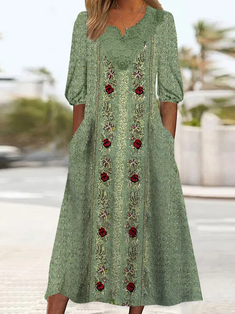 Women's 3/4 Sleeve V-neck Floral Printed Lace Stitching Midi Dress