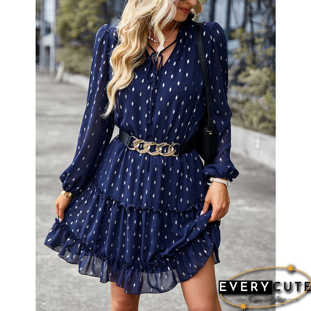 Navy Blue Lace-up Ruffle Detail V Neck Casual Dress