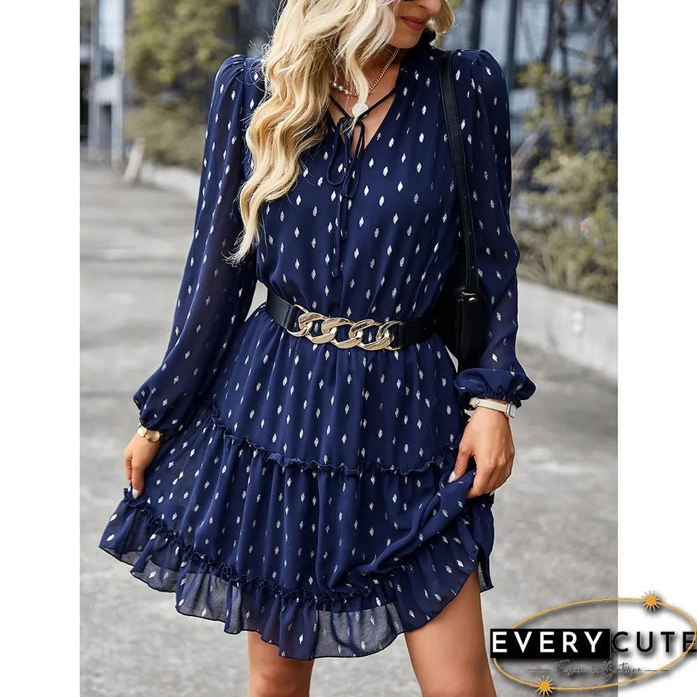 Navy Blue Lace-up Ruffle Detail V Neck Casual Dress