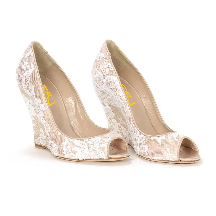Nude Lace Wedding Wedge Pumps Elegant Peep Toe Bridal Shoes |FSJ Shoes