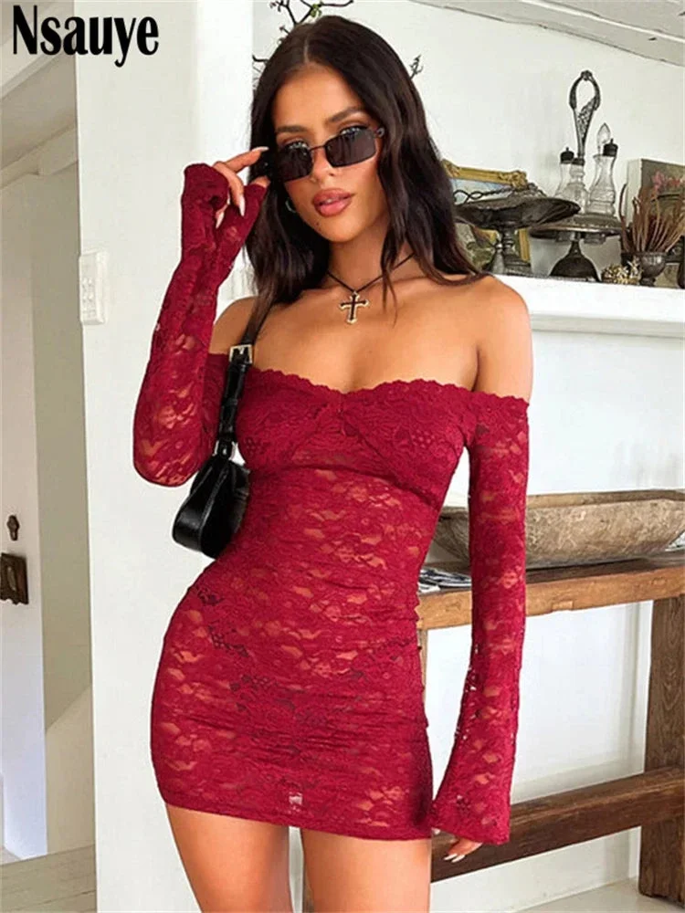 Oocharger Sexy Lace Women Mini Long Sleeve Evening See Through Chic Fashion Club Dress Party Summer Holiday Elegant Dress Outfits