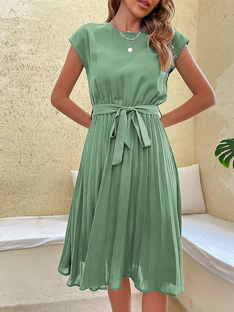 Elegant Women Beach Dress Knee-Length Pleated Midi Dress 2025 Soild Color Black Dresses Summer Casual Robe 