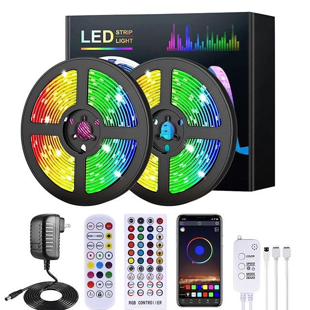 5M 10M 15M 20M RGB LED Strip Lights Music Sync 12V Waterproof LED Strip 2835 SMD Color Changing LED Light with Bluetooth Controller and 100-240V Adapter for Bedroom Home TV Back Light DIY Deco
